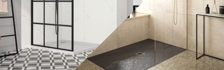 Two product lifestyle images of the Merlyn Black Squared Shower Wall and the Kudos Ultimate 2 Wetroom Screen - Brushed Gold dissected by a diagonal line