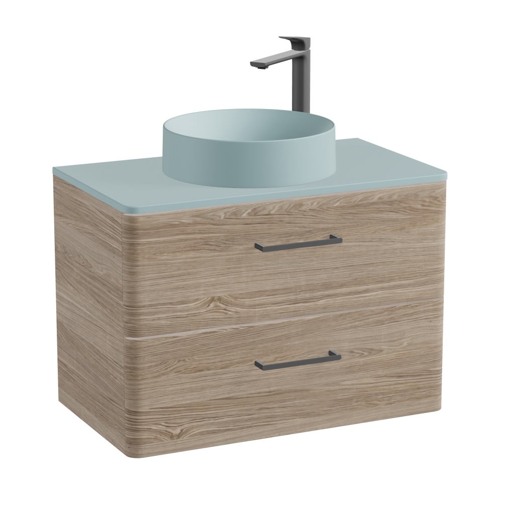 Vado Cameo 800mm Natural Oak Wall Hung 2 Drawer Vanity Unit, Cove Blue Worktop & Basin
