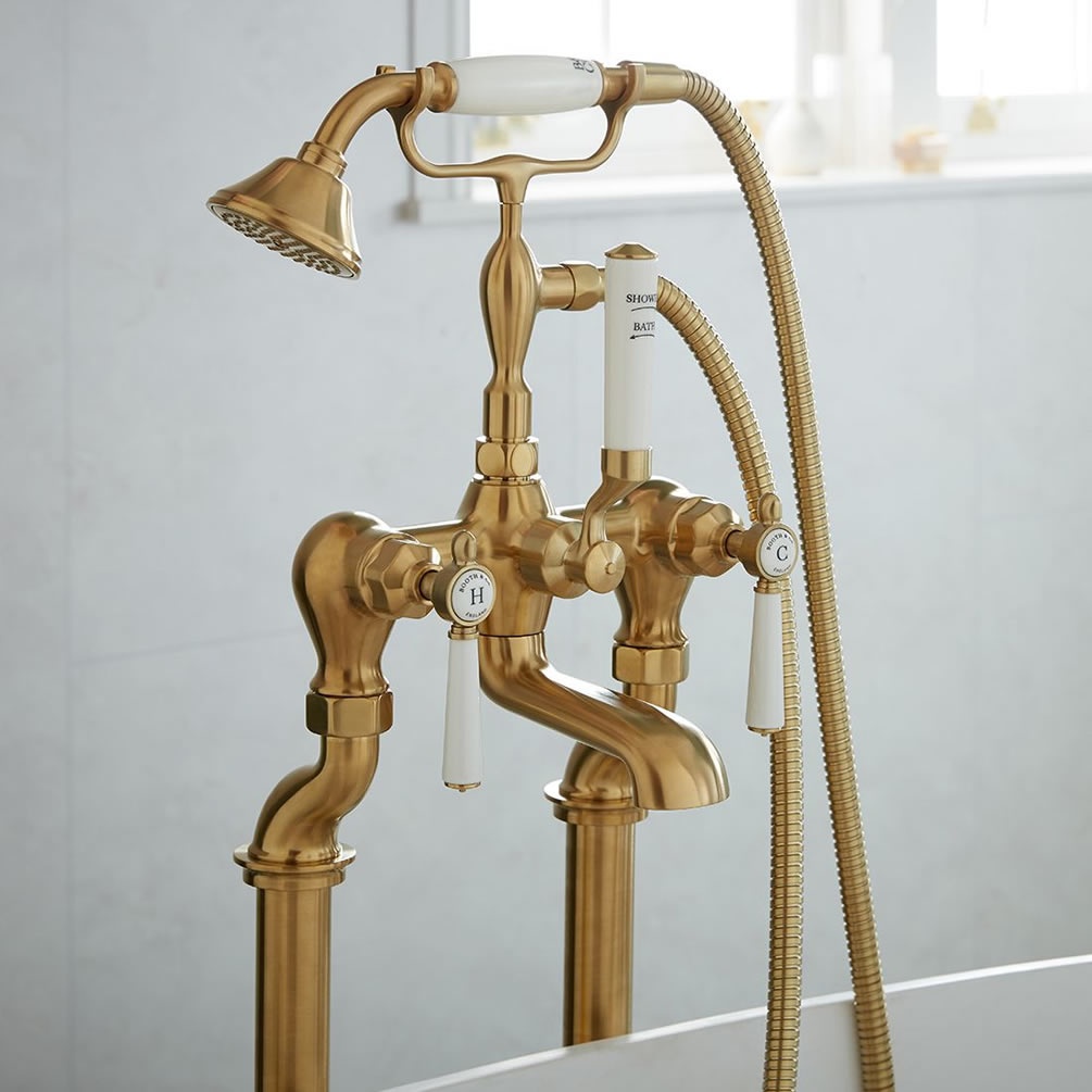 Booth & Co. Axbridge White Lever Brushed Brass Floorstanding Bath Shower Mixer - Lifestyle Image 1
