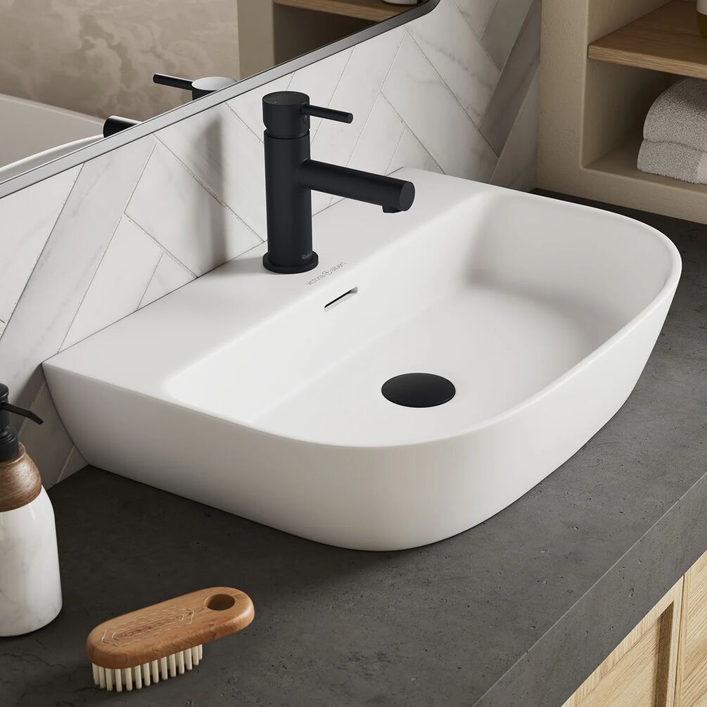 Product cut out image of the Victoria + Albert Lussari 600mm Matt White Back to Wall Countertop Basin with One Tap Hole and a Black Monobloc tap