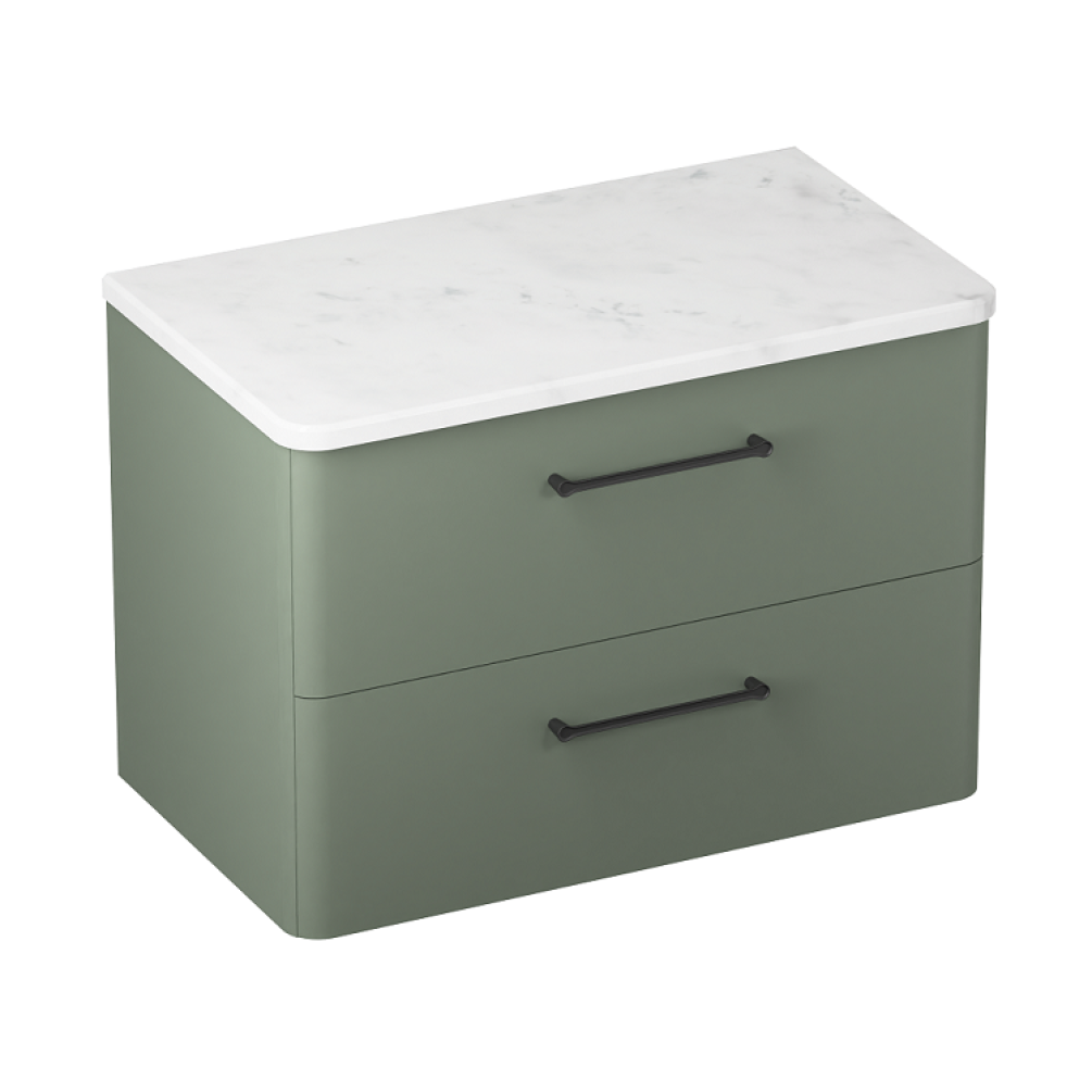 Product cut out photo of Britton Bathrooms Camberwell Earthy Green 800mm Wall Hung Vanity Unit with Black Handles and worktop C80DDG
