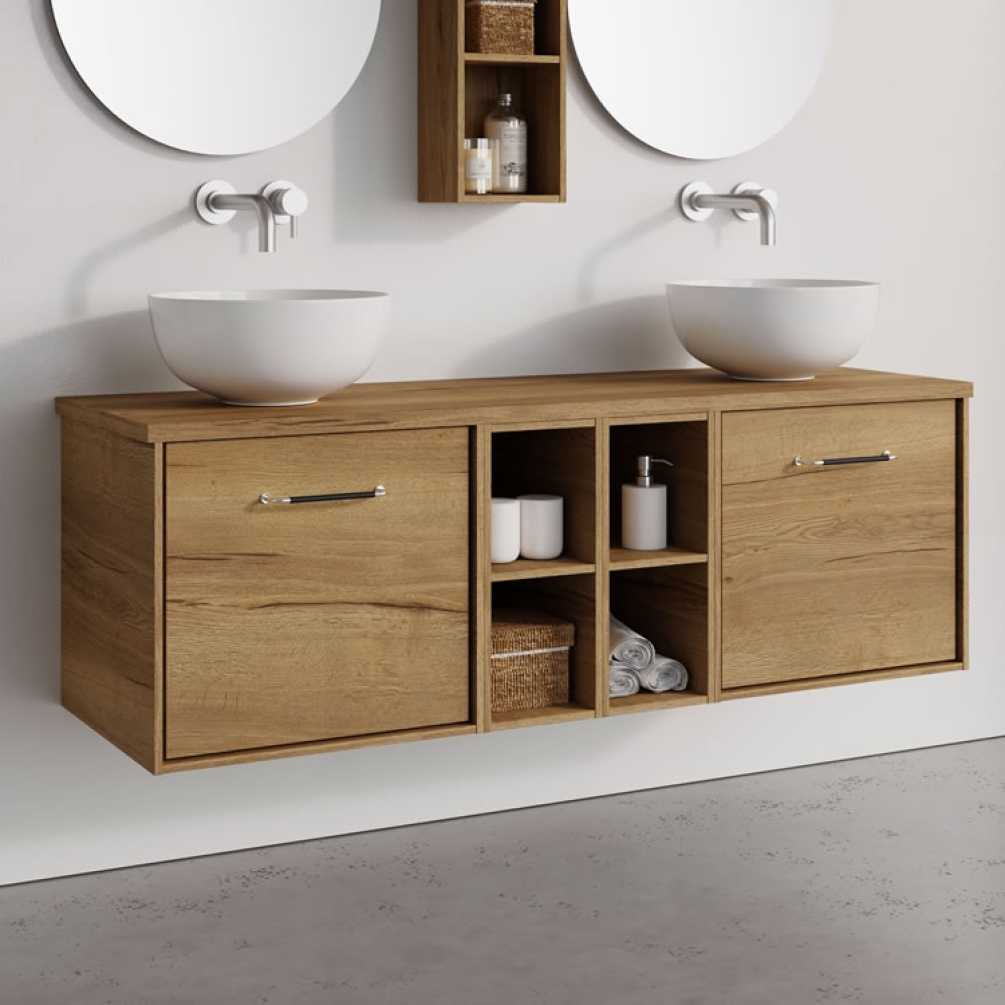 Lifestyle image of Crosswater Infinity 1400mm Windsor Oak Wall-Hung Vanity Unit & Worktop