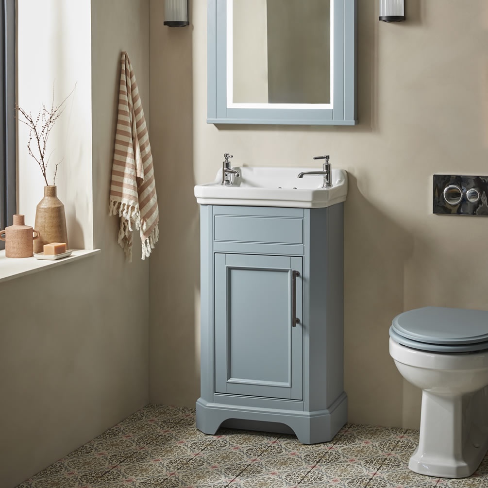 Tavistock Vitoria 500mm Matt Mineral Blue Cloakroom Unit & Basin - Lifestyle Image 1
