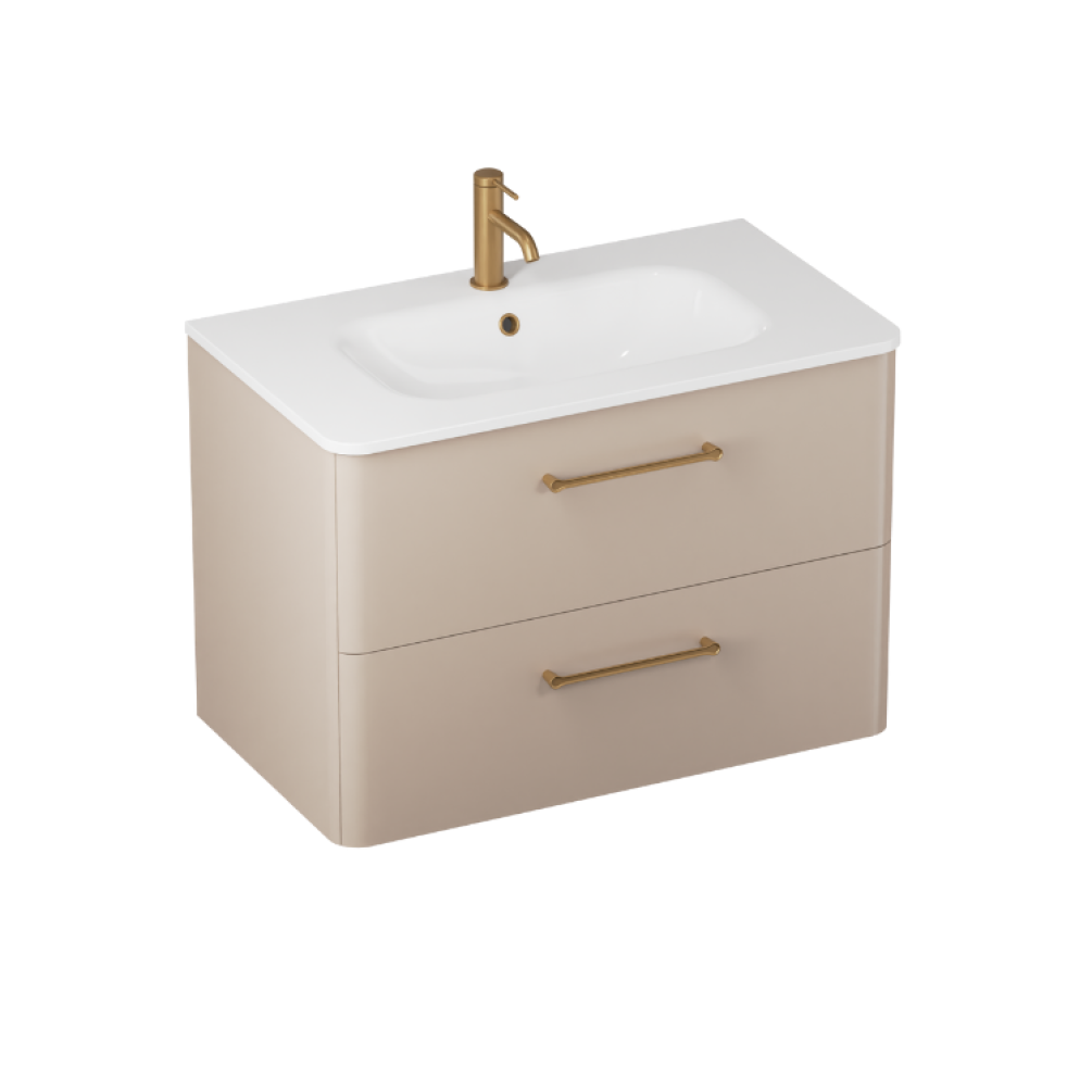 Product cut out photo image of Britton Bathrooms Camberwell Warm Beige 800mm Wall Hung Vanity Unit with Basin and Brass Handles C80DDM
