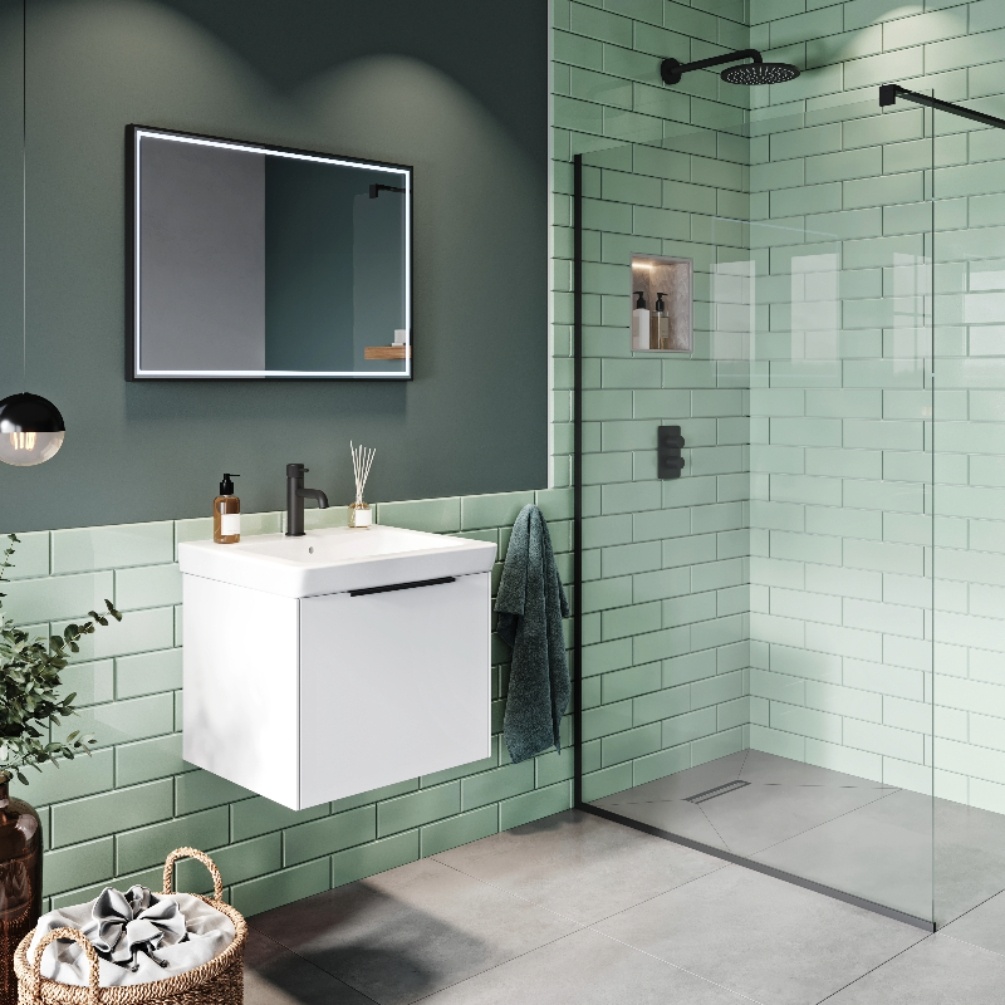Product Lifestyle image of the Abacus Concept Simple S3 White 550mm Basin & Vanity Unit with a Matt Black Furniture Handle