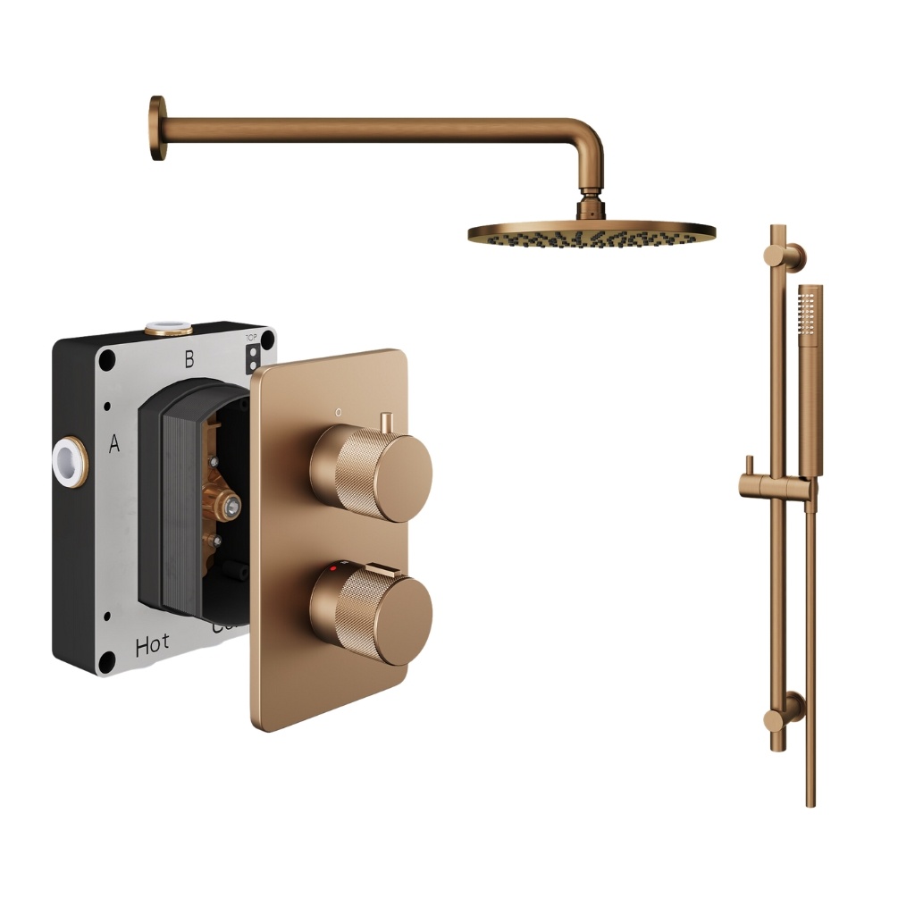 Product Cut out image of the Abacus Iso Pro Brushed Bronze 2 Outlet Shower Pack with Fixed Head & Slide Rail