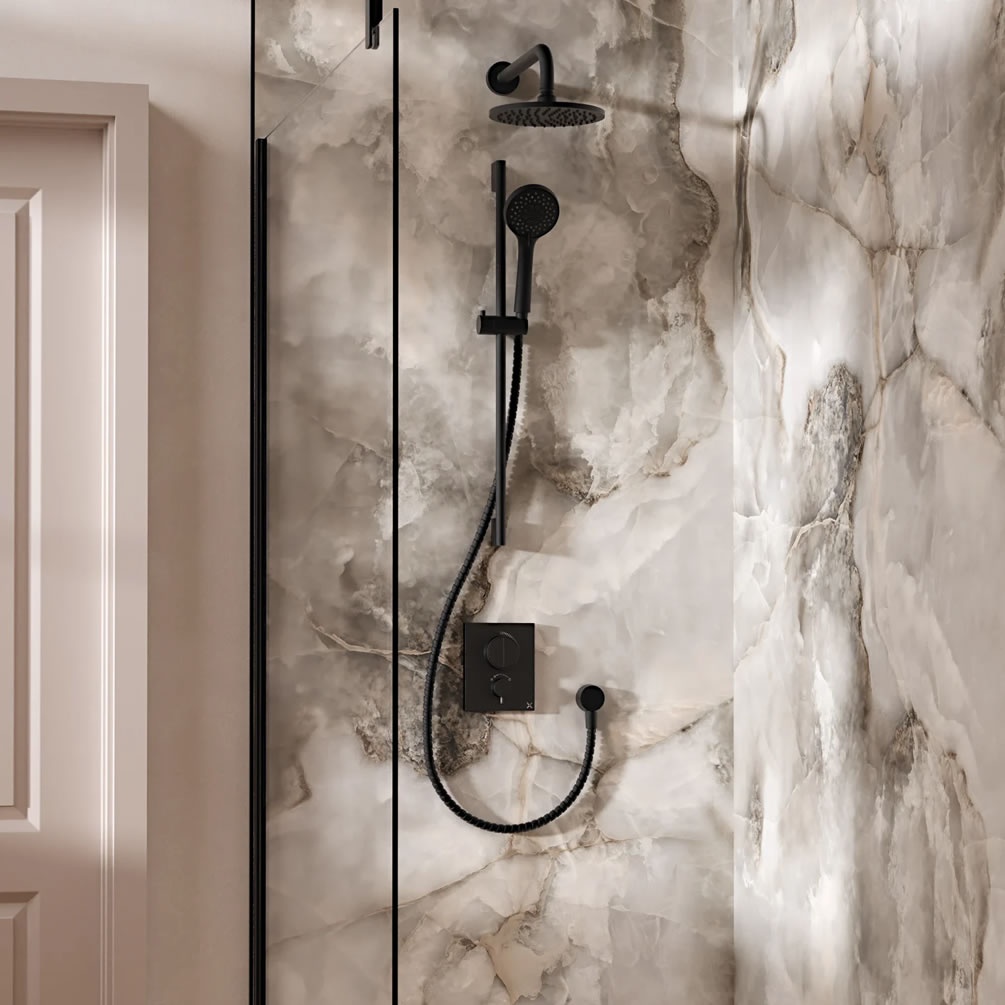 Lifestyle image of Crosswater Crossbox Push Matt Black Dual Outlet Slide Rail Shower Set