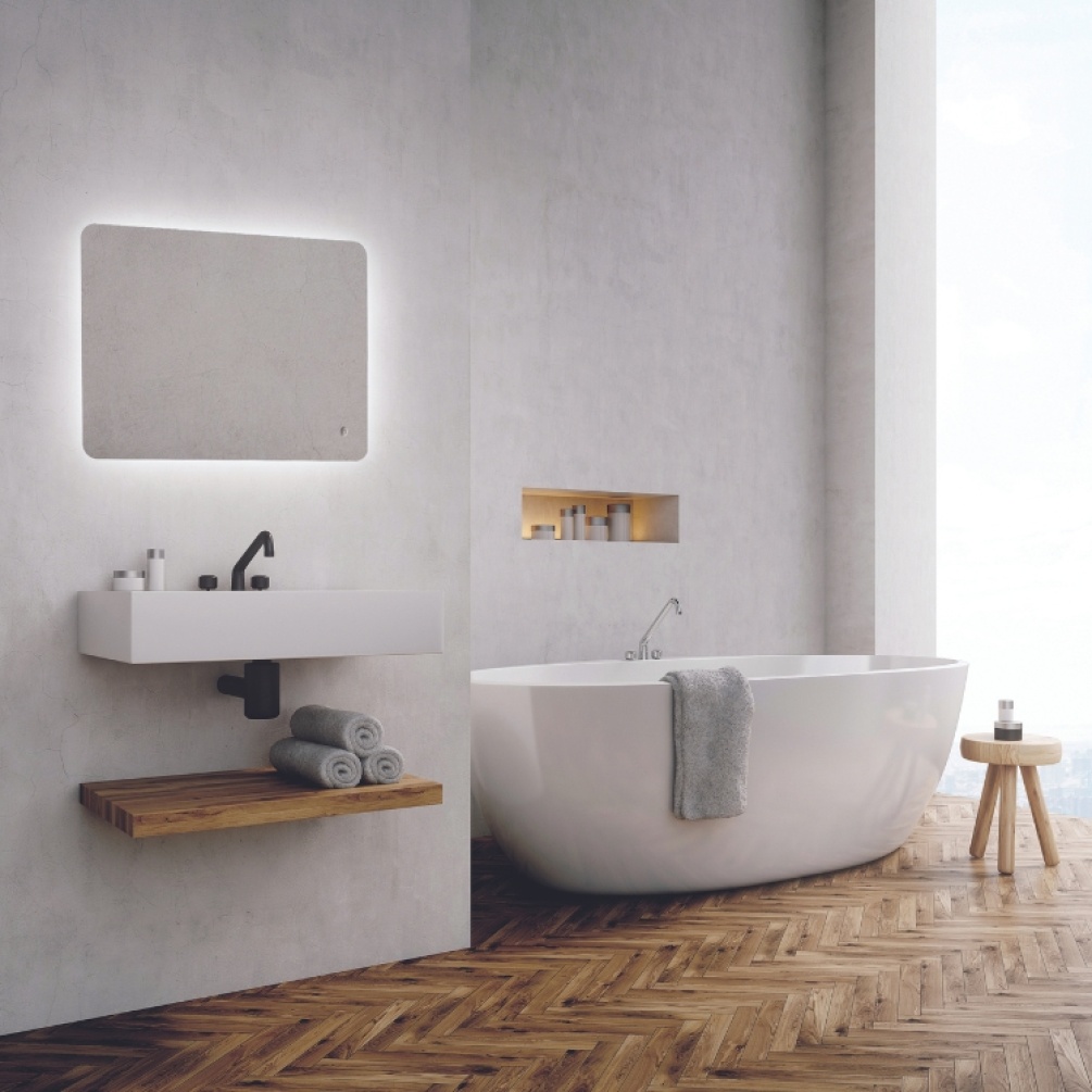 Product Lifestyle image of the HIB Ambience 600mm LED Bathroom Mirror hung in landscape