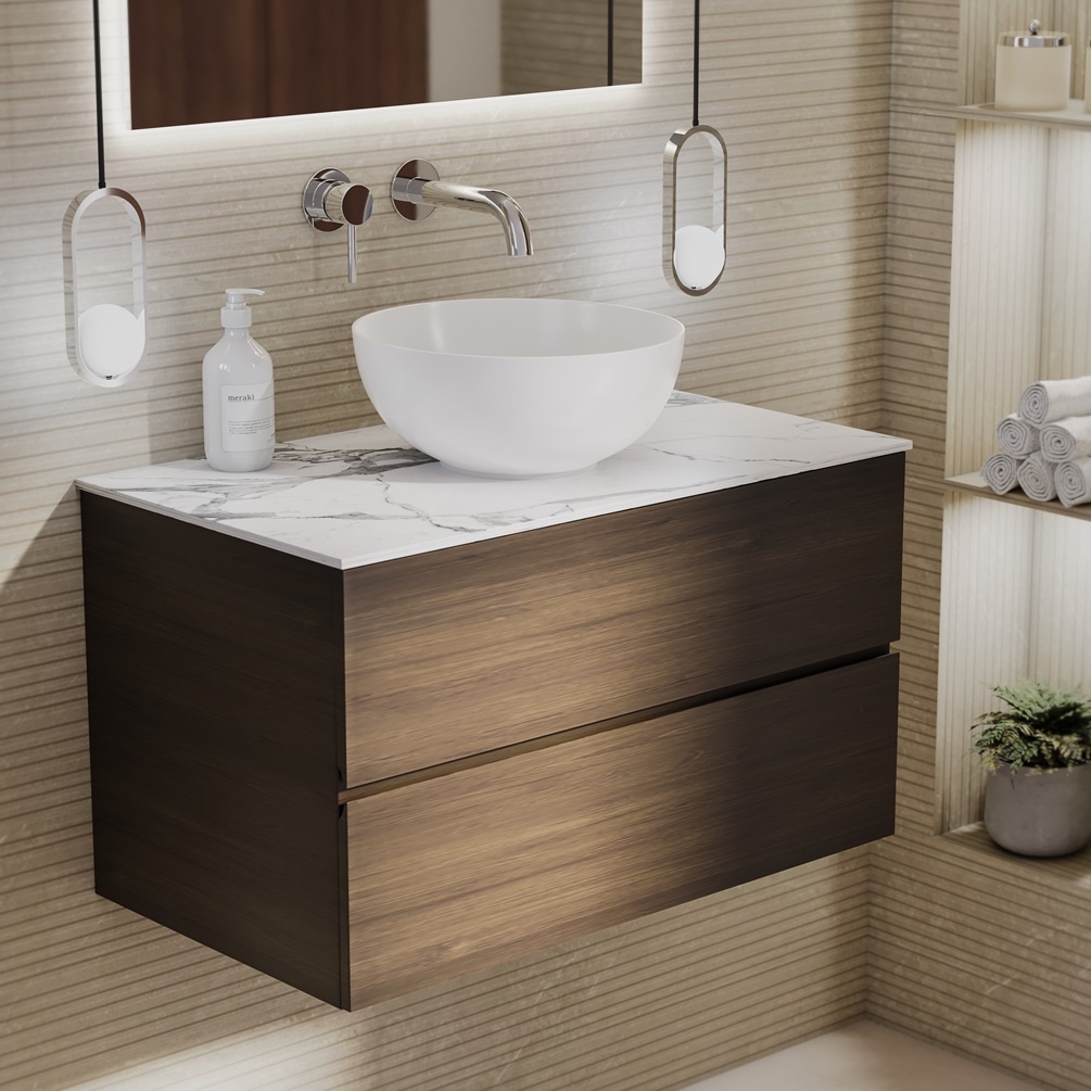 product lifestyle image of Zero Eucalypto 800mm Double Drawer Wall Hung Vanity Unit and Statuario Marble Effect Worktop 1042-BL1167C-130X