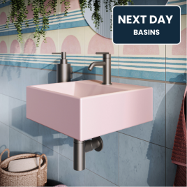 image of a wall hung basin with next day delivery basins text overlaid