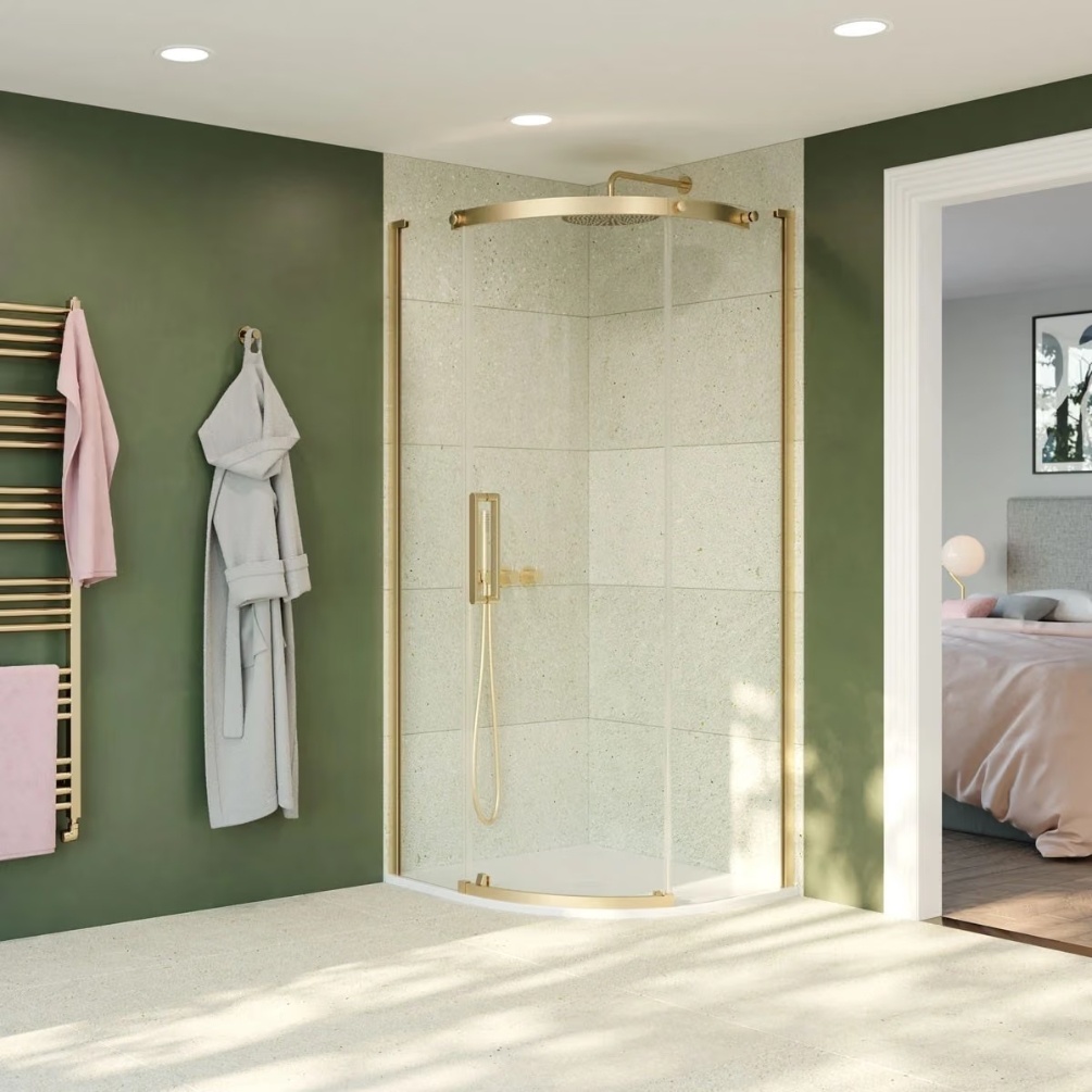 Crosswater Optix 10 Brushed Brass 900mm x 900mm Quadrant Shower Enclosure Set Lifestyle 1