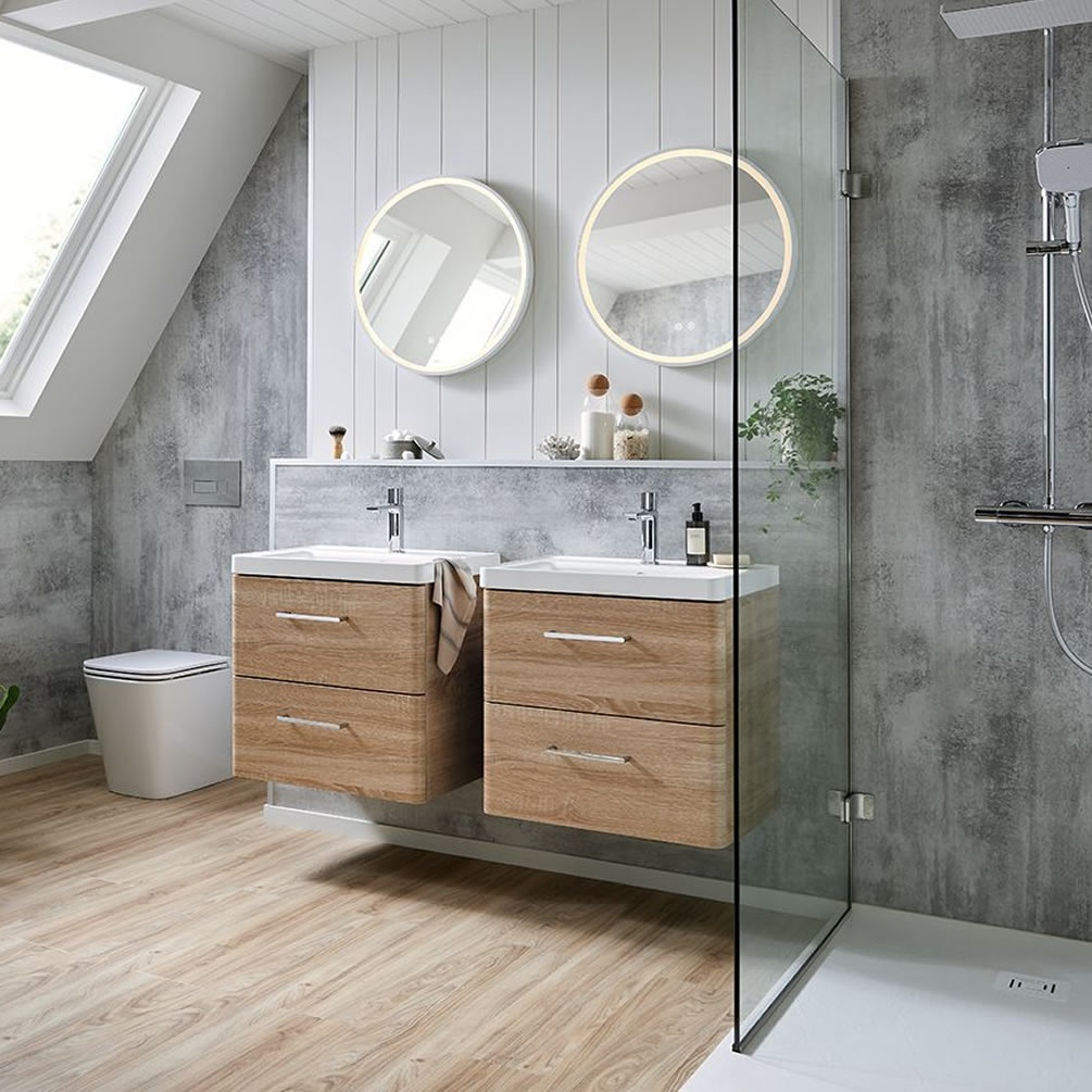 Vado Cameo 600mm Natural Oak Wall Hung 2 Drawer Vanity Unit & Basin - Lifestyle Image