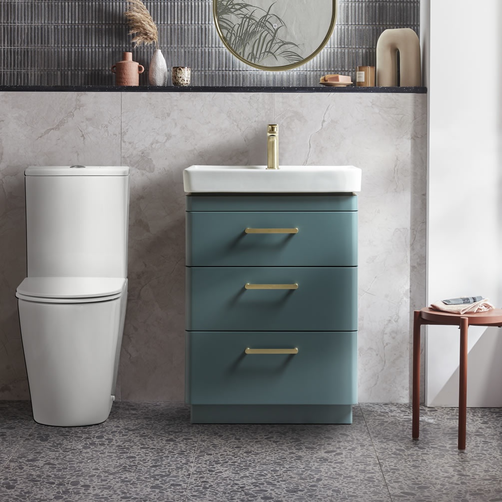 Tavistock Compass 600mm Matt Viridian Green 3 Drawer Freestanding Unit & Basin - Lifestyle Image 1
