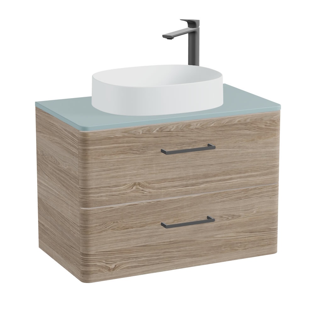 Vado Cameo 800mm Natural Oak Wall Hung 2 Drawer Vanity Unit, Cove Worktop & Arctic Oval Basin