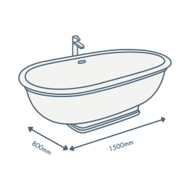 iconography image of a bathtub with 1500mm length text and 800mm width text illustrating this sized bath