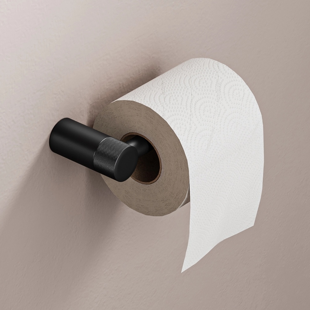 Lifestyle image of the hib. Zepto Black Toilet Roll Holder