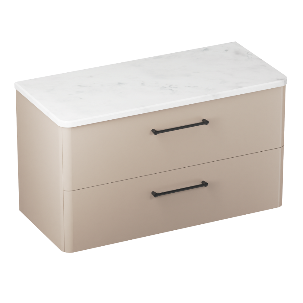 Product cut out photo of Britton Bathrooms Camberwell 1000mm Warm Beige Wall Hung Vanity Unit with Black Handles C100DDM Side Angle