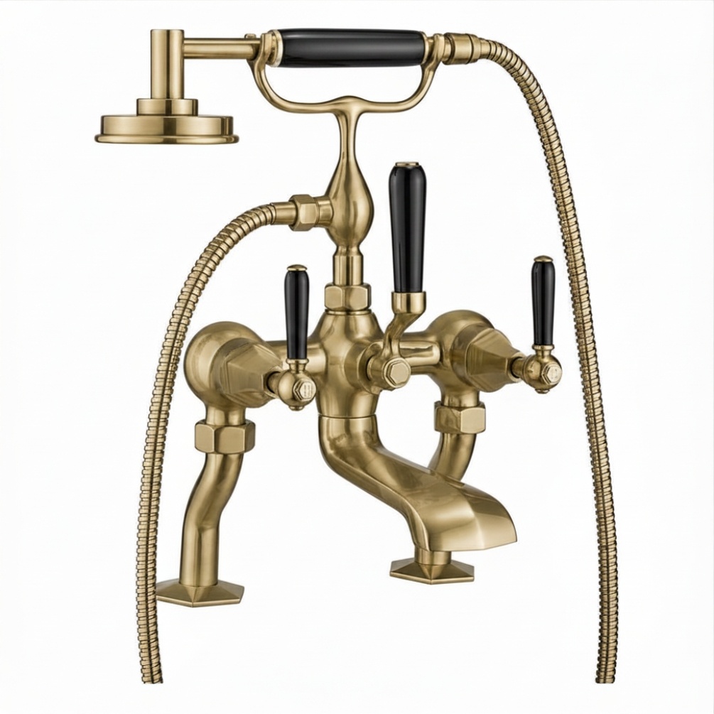 Cut out image of the Crosswater Waldorf Brushed Brass Deck Mounted Black Lever Bath Shower Mixer