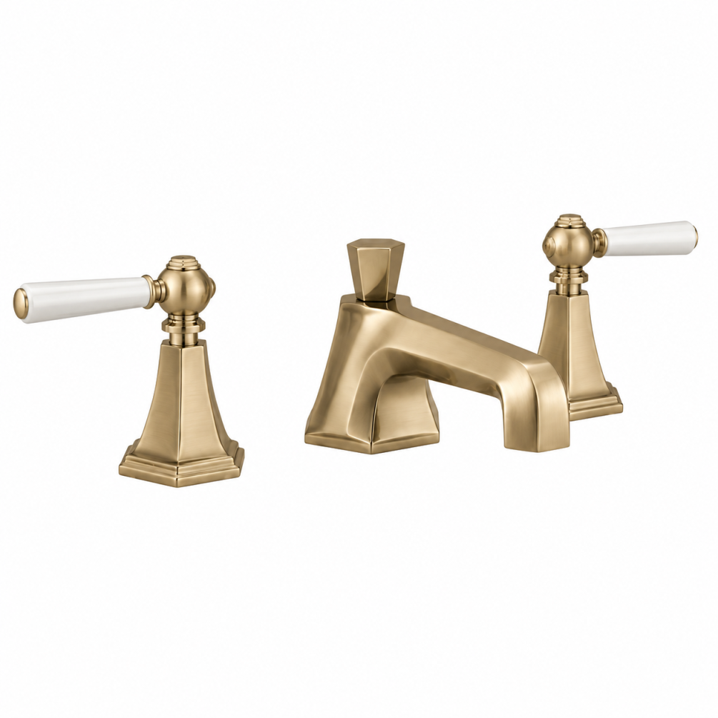Cut out image of the Cut out image of the Crosswater Waldorf Brushed Brass 3 Tap Hole White Lever Deck Mounted Basin Mixer