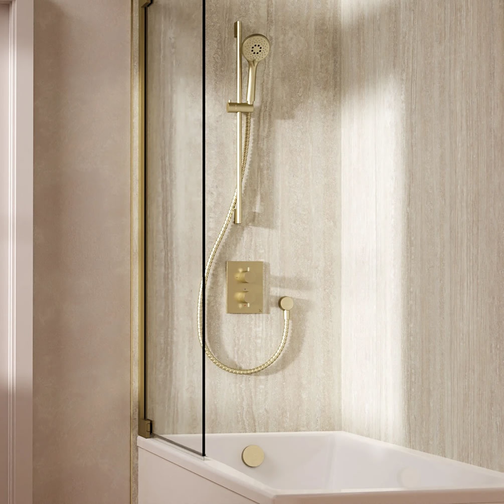 Lifestyle image of Crosswater Crossbox Brushed Brass Dual Outlet Slide Rail Shower Bath Set