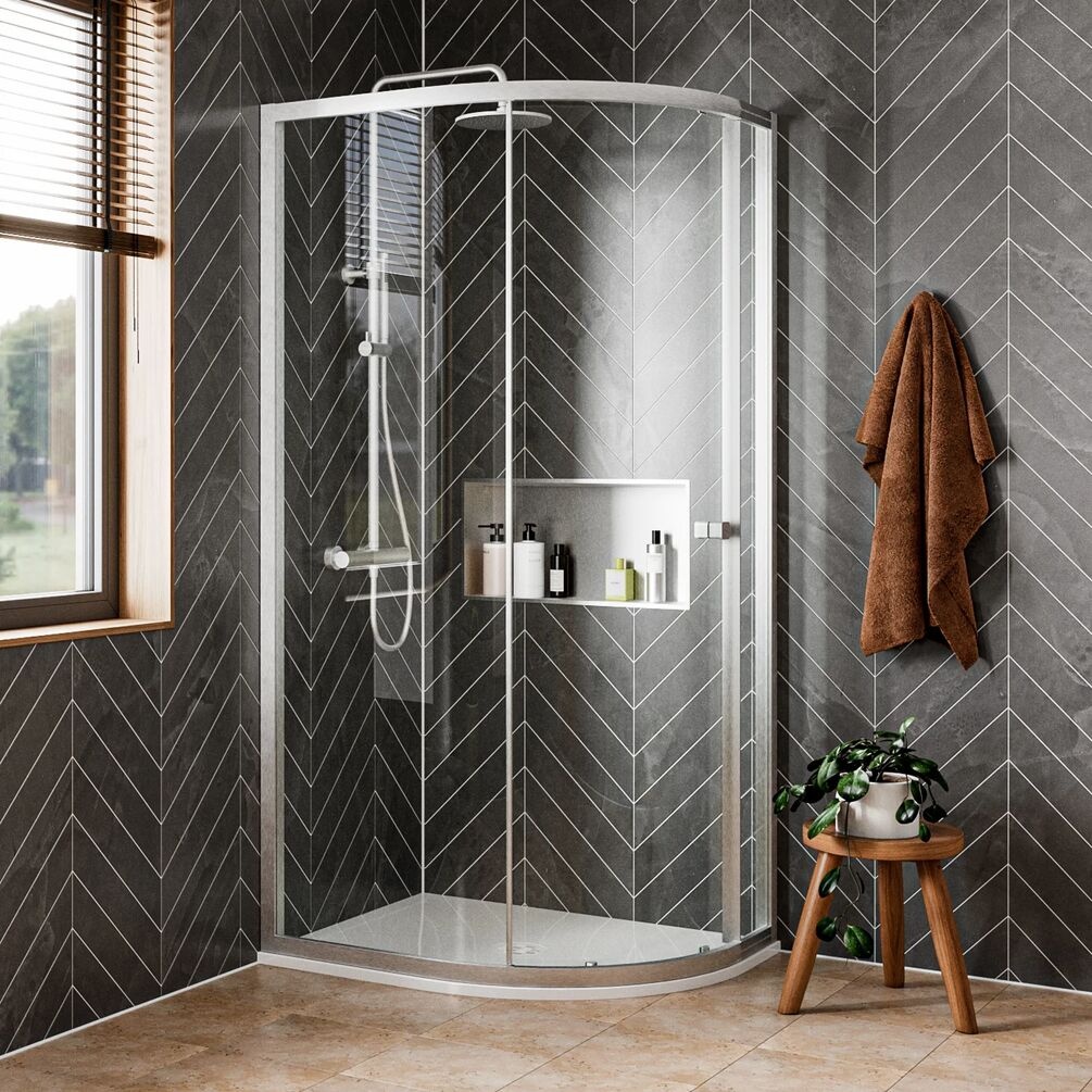Lifestyle image of Crosswater Clear 6 Brushed Stainless Steel 1200 x 900mm Offset Shower Quadrant
