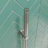 Close up product lifestyle image of the Crosswater MPRO Brushed Stainless Steel Handset Package