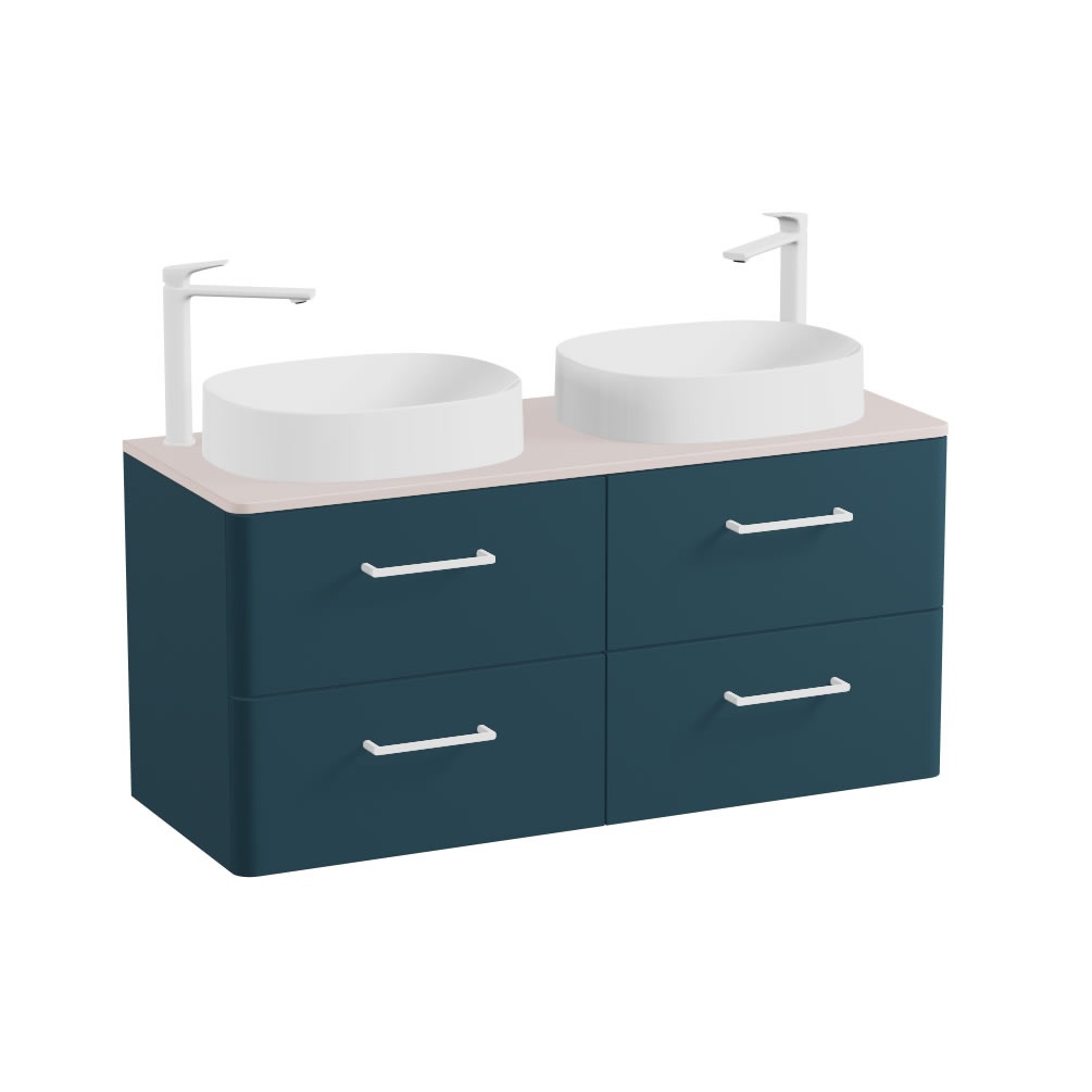 Vado Cameo 1200mm Atlantic Blue Wall Hung 4 Drawer Vanity Unit, Pink Worktop & Gloss Oval Basins
