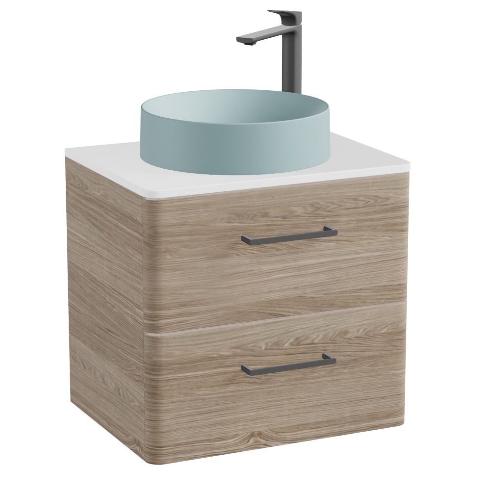 Vado Cameo 600mm Oak Wall Hung 2 Drawer Vanity Unit, Gloss Worktop & Cove Basin