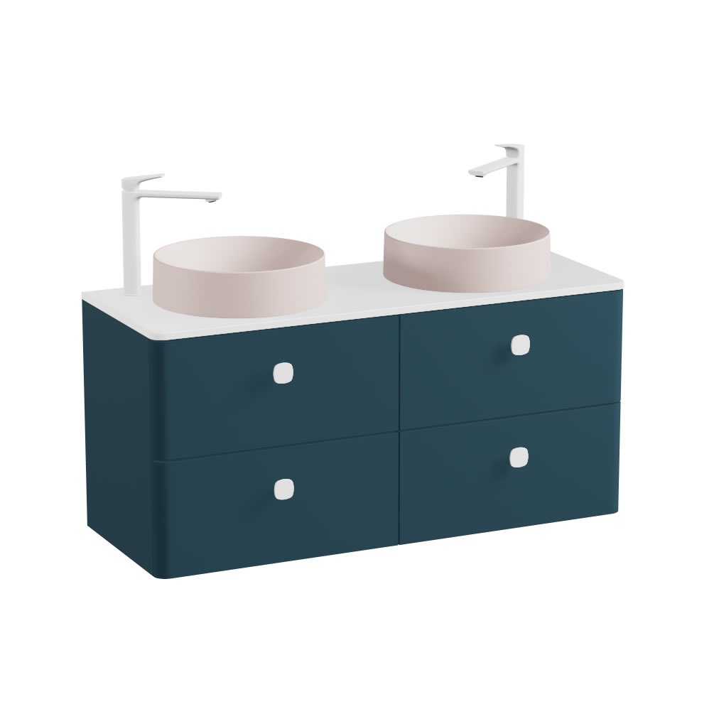 Vado Cameo 1200mm Atlantic Blue Wall Hung 4 Drawer Vanity Unit, Gloss Worktop & Pink Clay Basins