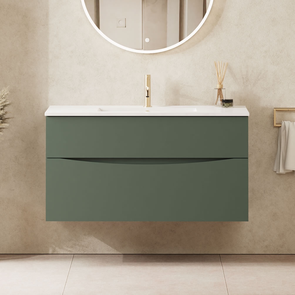 Lifestyle image of Crosswater Glide II Sage Green 1000mm Double Drawer Unit with Basin