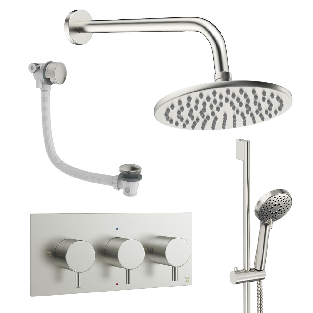 Cutout image of Crosswater Design Brushed Nickel Three Outlet Slide Rail Shower Bath Set