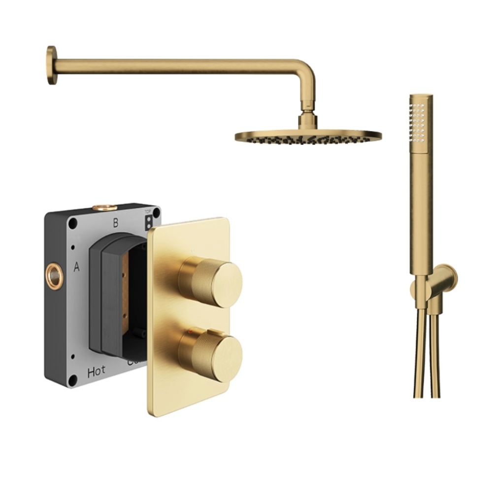 Product cut out image of the Abacus Iso Pro Brushed Brass 2 Outlet Shower Pack with Fixed Head & Handset