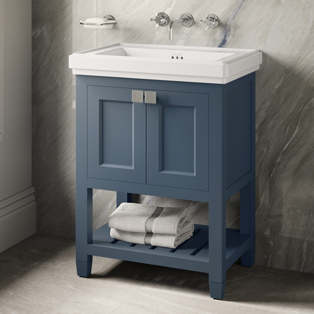 Product Lifestyle image of the Burlington Riviera 580mm Basin & Matt Blue Vanity Unit