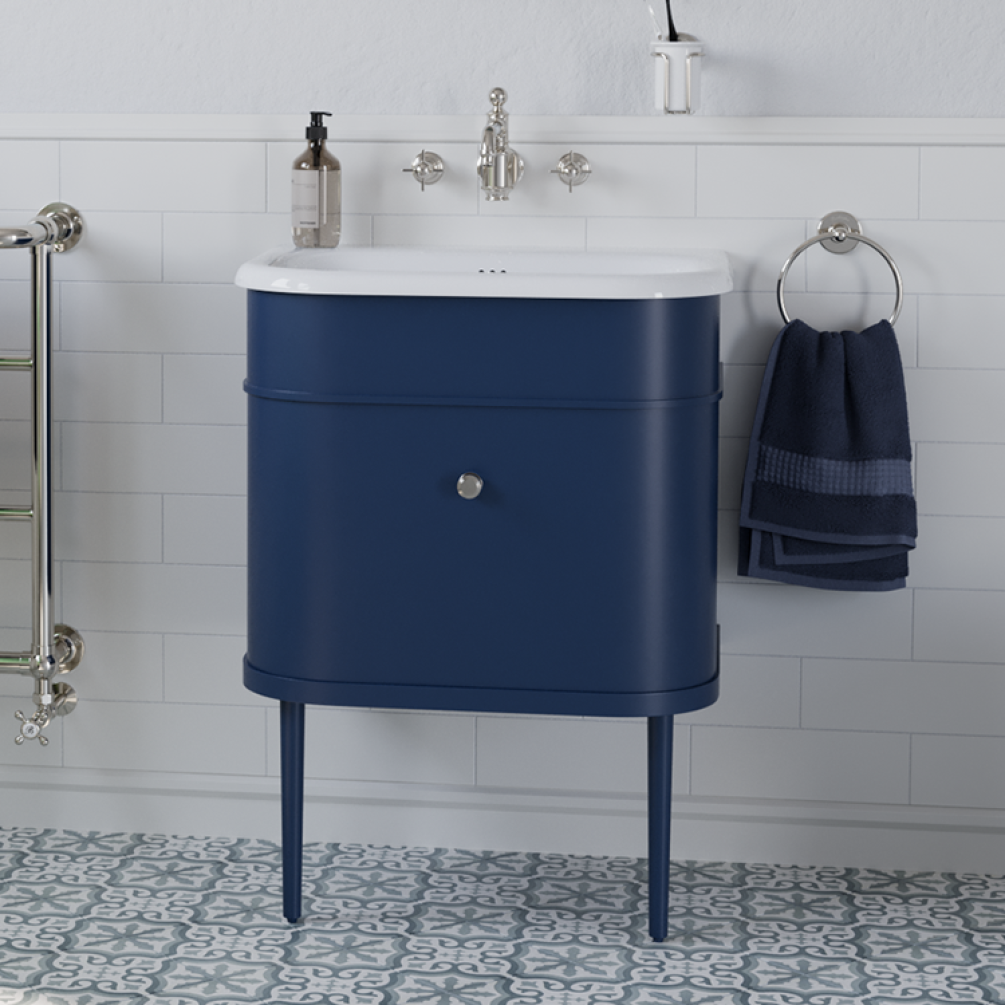 Product Lifestyle image of the Burlington Chalfont 650mm Basin & Blue Wall Hung Unit with matching blue legs