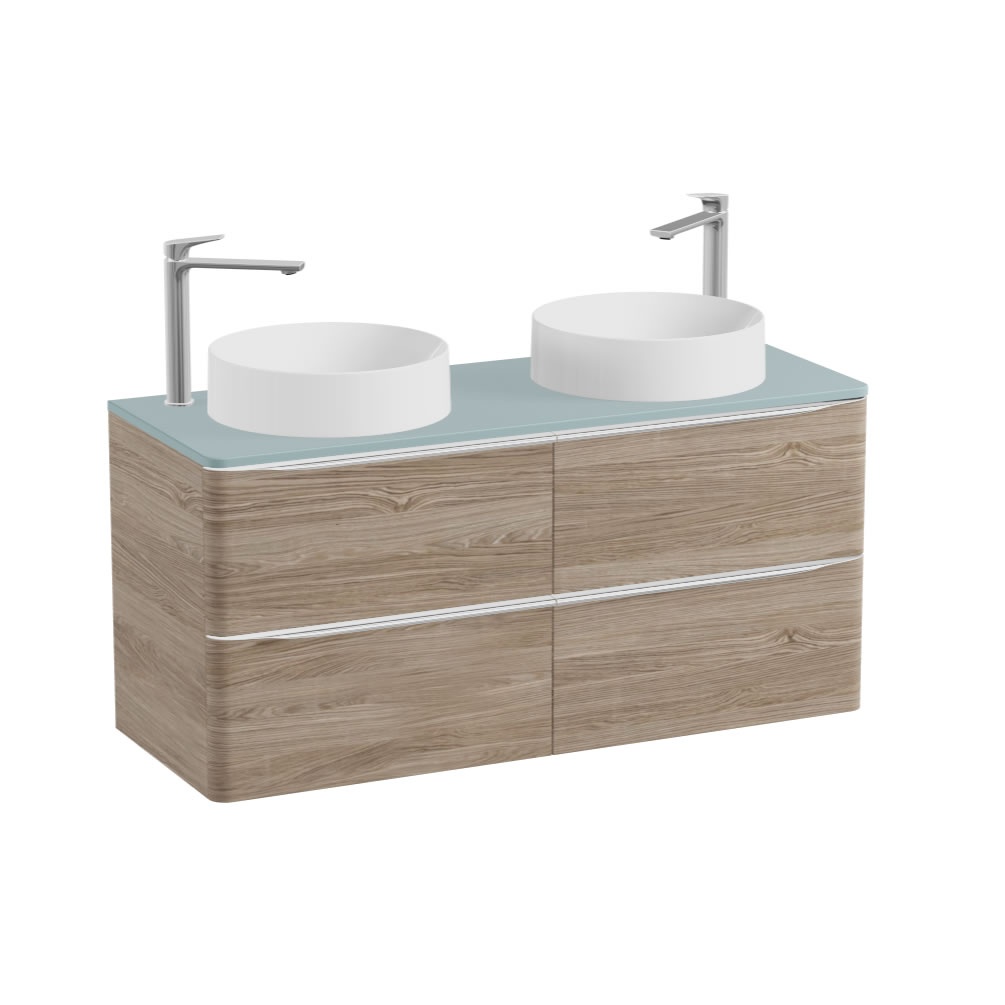 Vado Cameo 1200mm Natural Oak Wall Hung 4 Drawer Vanity Unit, Cove Blue Worktop & Gloss Round Basins