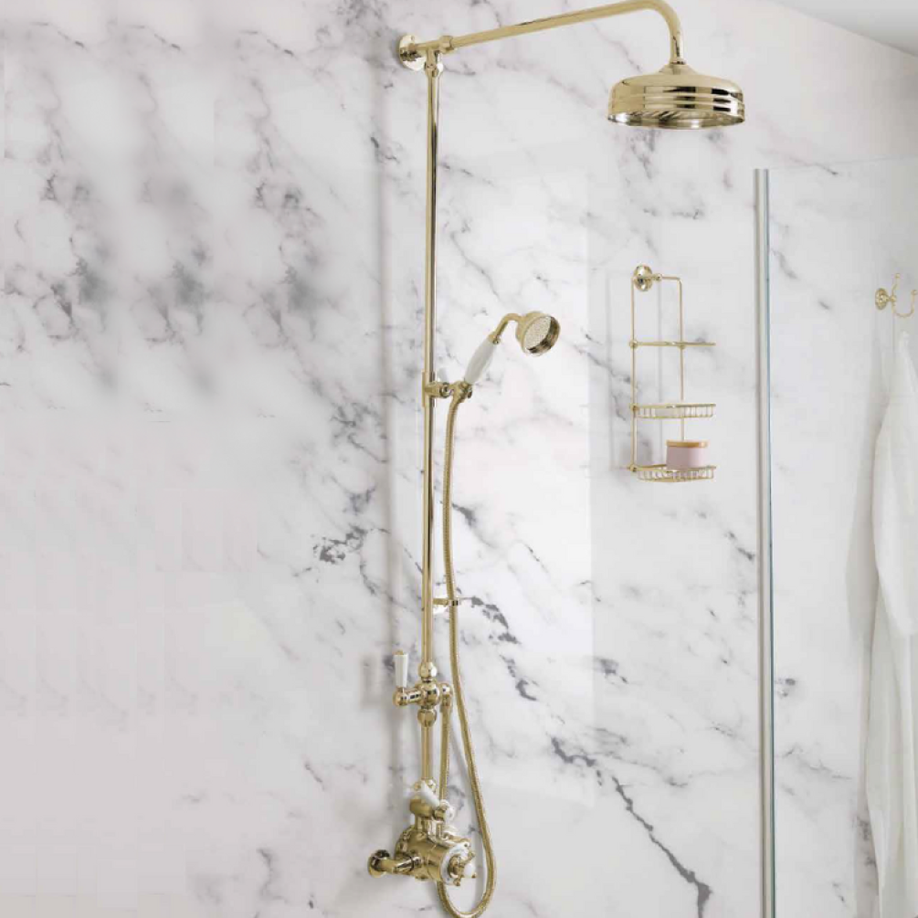 Product Lifestyle Image of BC Designs Victrion Superbe Fixed Riser Kit with 8 inch Shower Head and Handset with Single Outlet Exposed Twin Exposed Thermostatic Shower Valve CSB120BG & CSA025BG