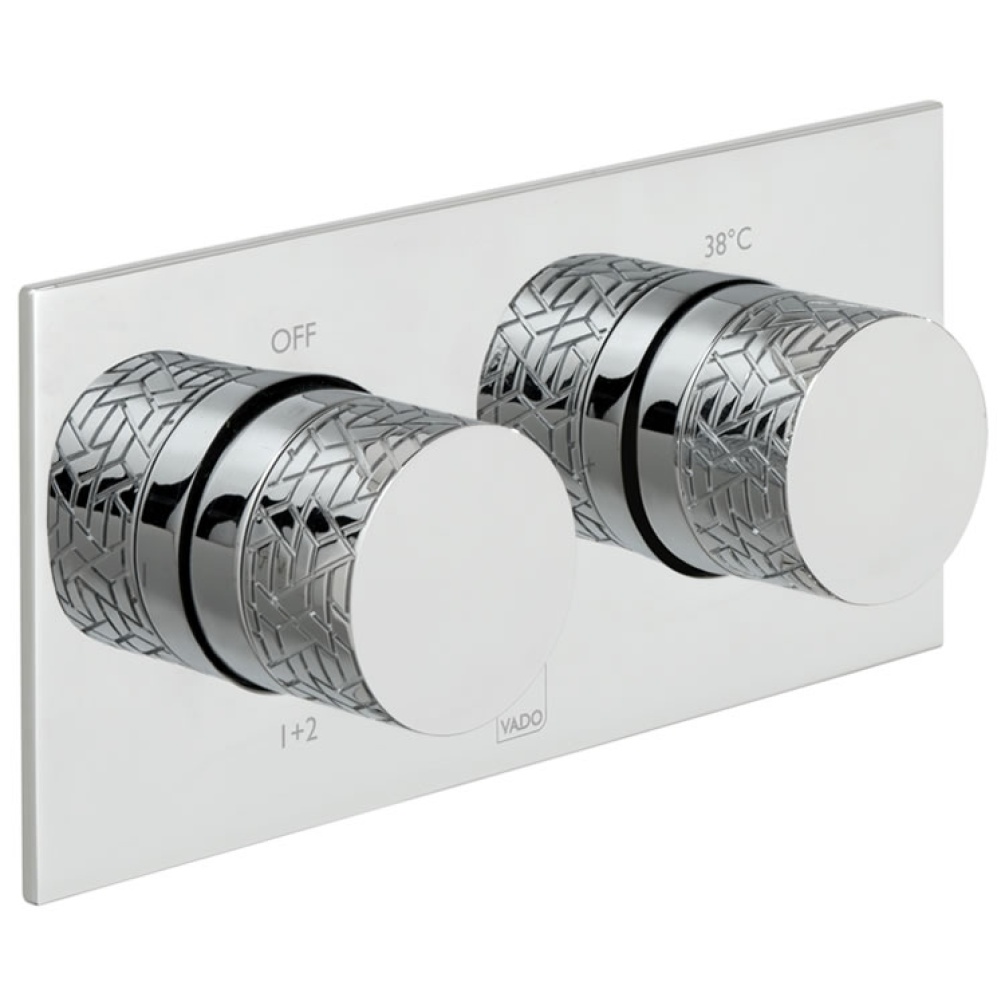 Cutout image of Omika 2 Outlet, 2 Handle Thermostatic Valve with All-Flow Function Horizontal.