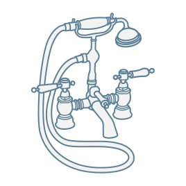 iconography image of a bath shower mixer tap with lever handles and telephone shower handset