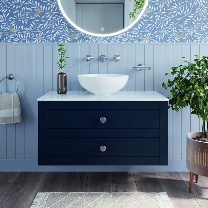 Lifestyle image of Crosswater Canvass Deep Indigo Blue Wall-Hung Vanity Unit with Marble Worktop