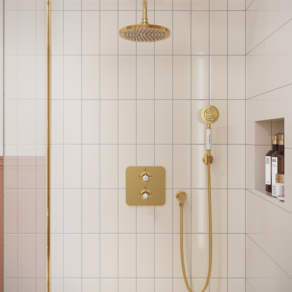 Burlington Guild Square Gold Thermostatic Dual Outlet Shower Valve, Fixed Arm & Head, Holder & Handset with Hose & Outlet Elbow