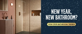 2026 bathroom trends image showing beige fluted wood room with words 'new year, new bathroom'