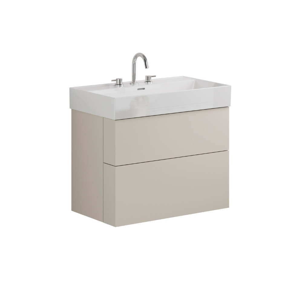Product Cut out image of the Crosswater Avenue Warm Stone 800mm Double Drawer Unit a three tap hole basin