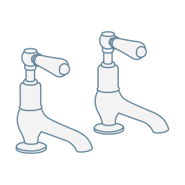 Iconography image of two basin pillar taps showing separate hot and cold water tap in traditional style with lever handle