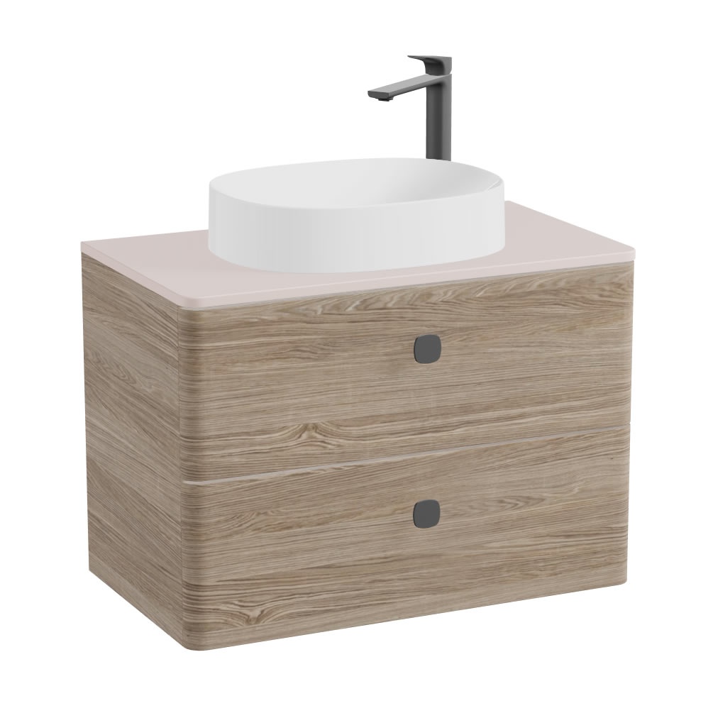 Vado Cameo 800mm Natural Oak Wall Hung 2 Drawer Vanity Unit, Pink Clay Worktop & Gloss Oval Basin