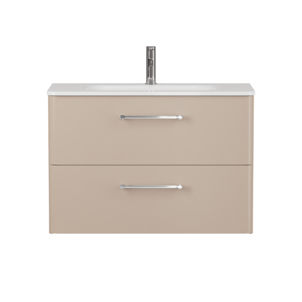 Product cut out photo image of Britton Bathrooms Camberwell Warm Beige 800mm Wall Hung Vanity Unit with Basin and Chrome Handles C80DDM Front Angle