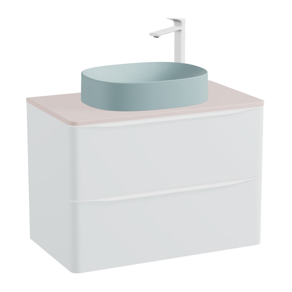 Vado Cameo 600mm Arctic White Wall Hung 2 Drawer Vanity Unit, Pink Worktop & Cove Blue Basin