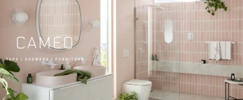 a peach coloured bathroom with a bath and shower enclosure, toilet, and vanity unit with black taps and accessories with the text cameo