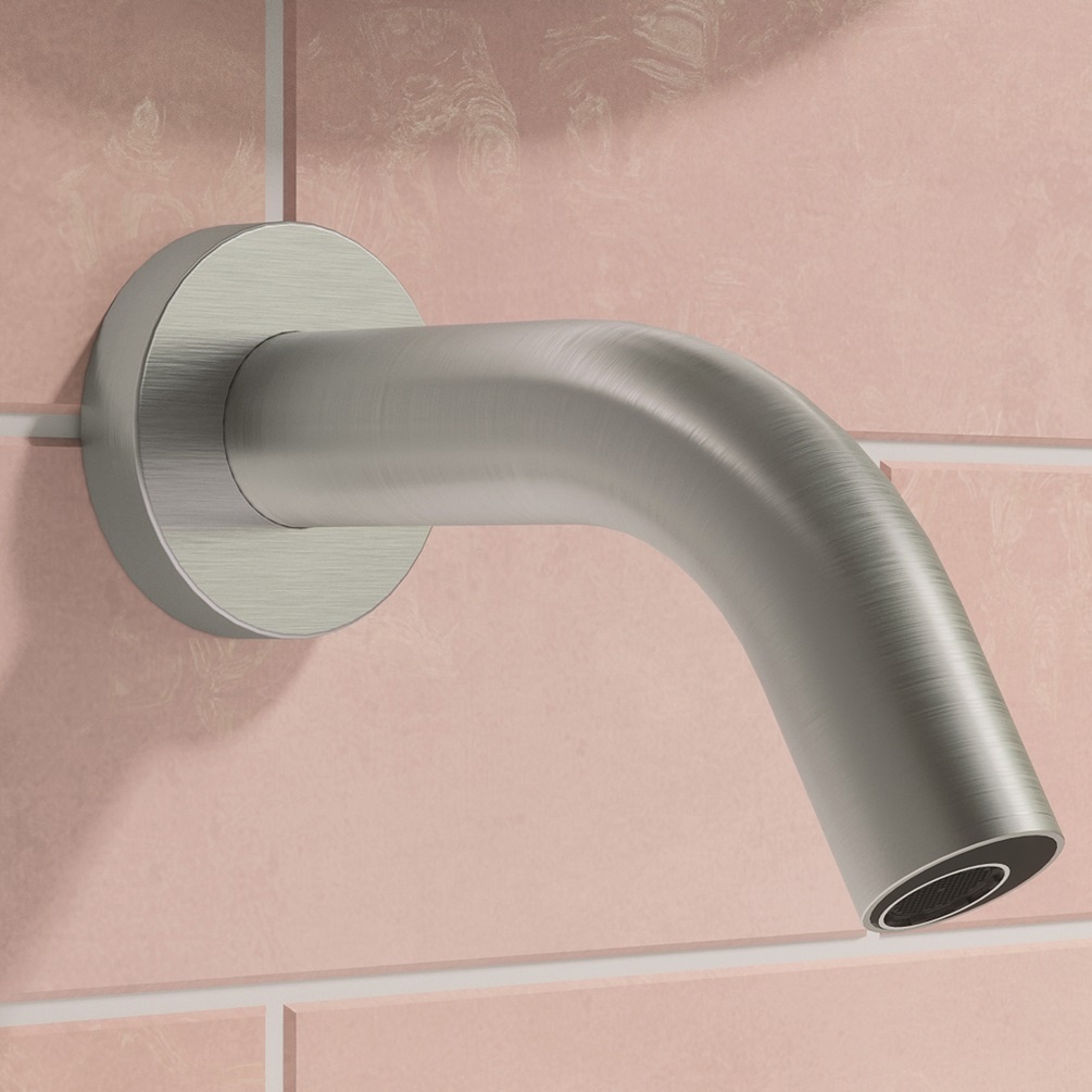 Product lifestyle image close up of Crosswater MPRO Sensor Brushed Stainless Steel 128mm Projection Wall Mounted Basin Spout PROX0160Wv_135