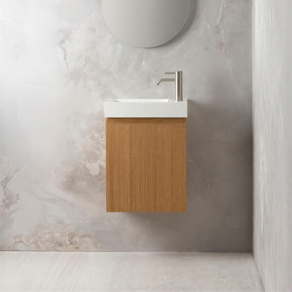 Montara 450mm Oak Wall Hung Vanity Unit & Basin Lifestyle Image