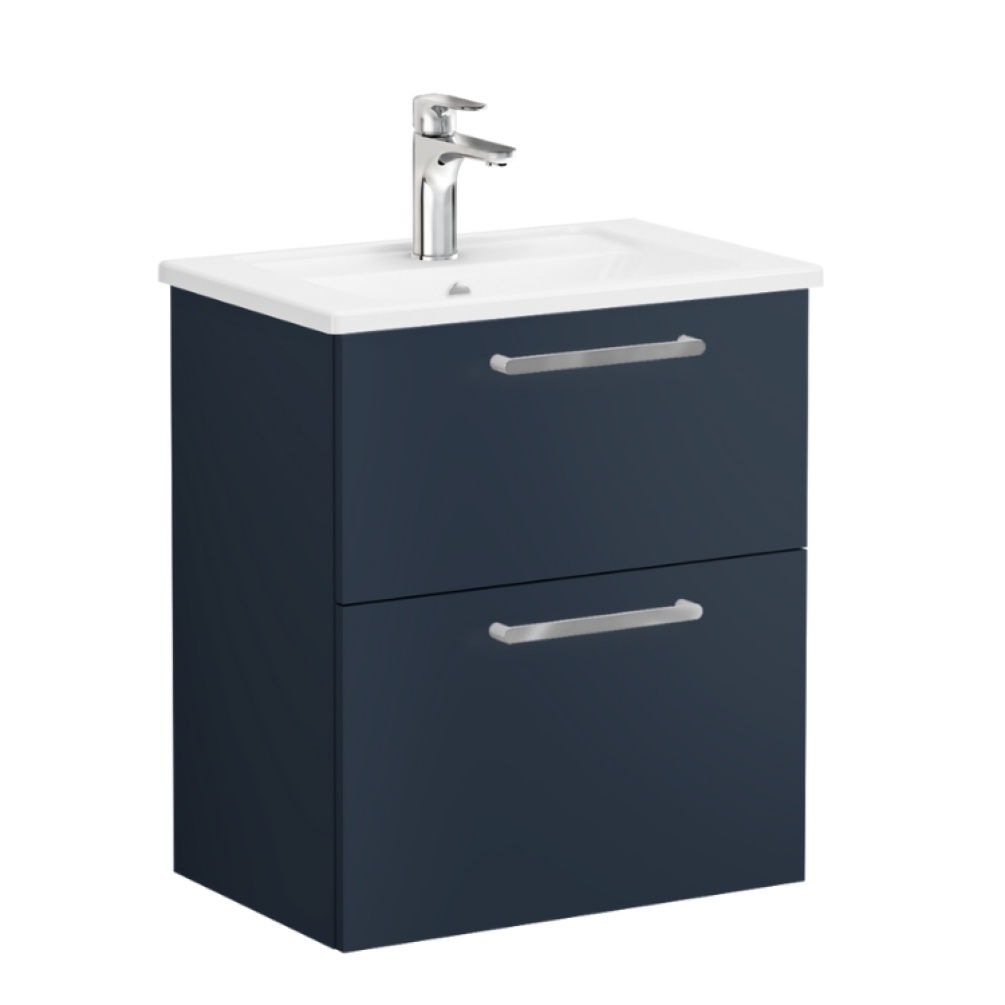 Product Cut out image of VitrA Root Flat Dark Blue 600mm Compact Washbasin Drawers Unit 67858 with chrome handles